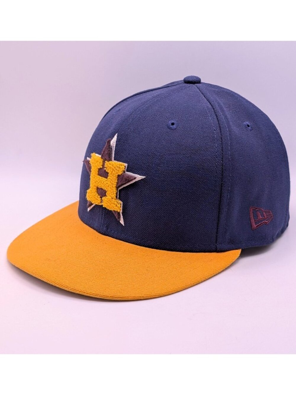 New Era 59Fifty Houston Astros Yellow Dark Blue Fitted Hat Size 7 Varsity Letter